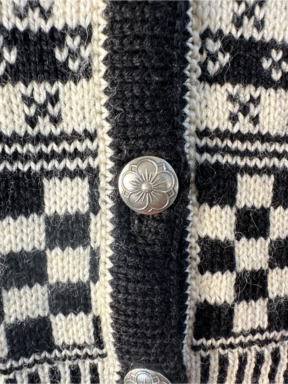 Vintage Norlender Norwegian Wool Cardigan Black Cream Fair Isle Nordic Pewter M - Picture 5 of 10
